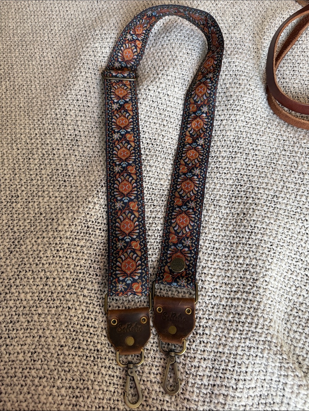 Floral Navy & Orange guitar style bag strap with Leather Trim